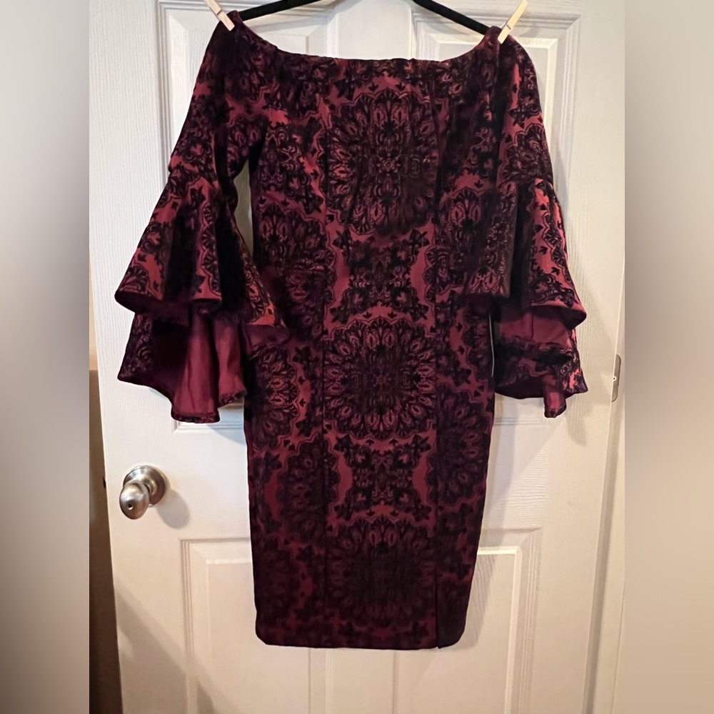 Midi, off shoulder wine red, shimmering black velvet designs dress. NEW W/TAG!